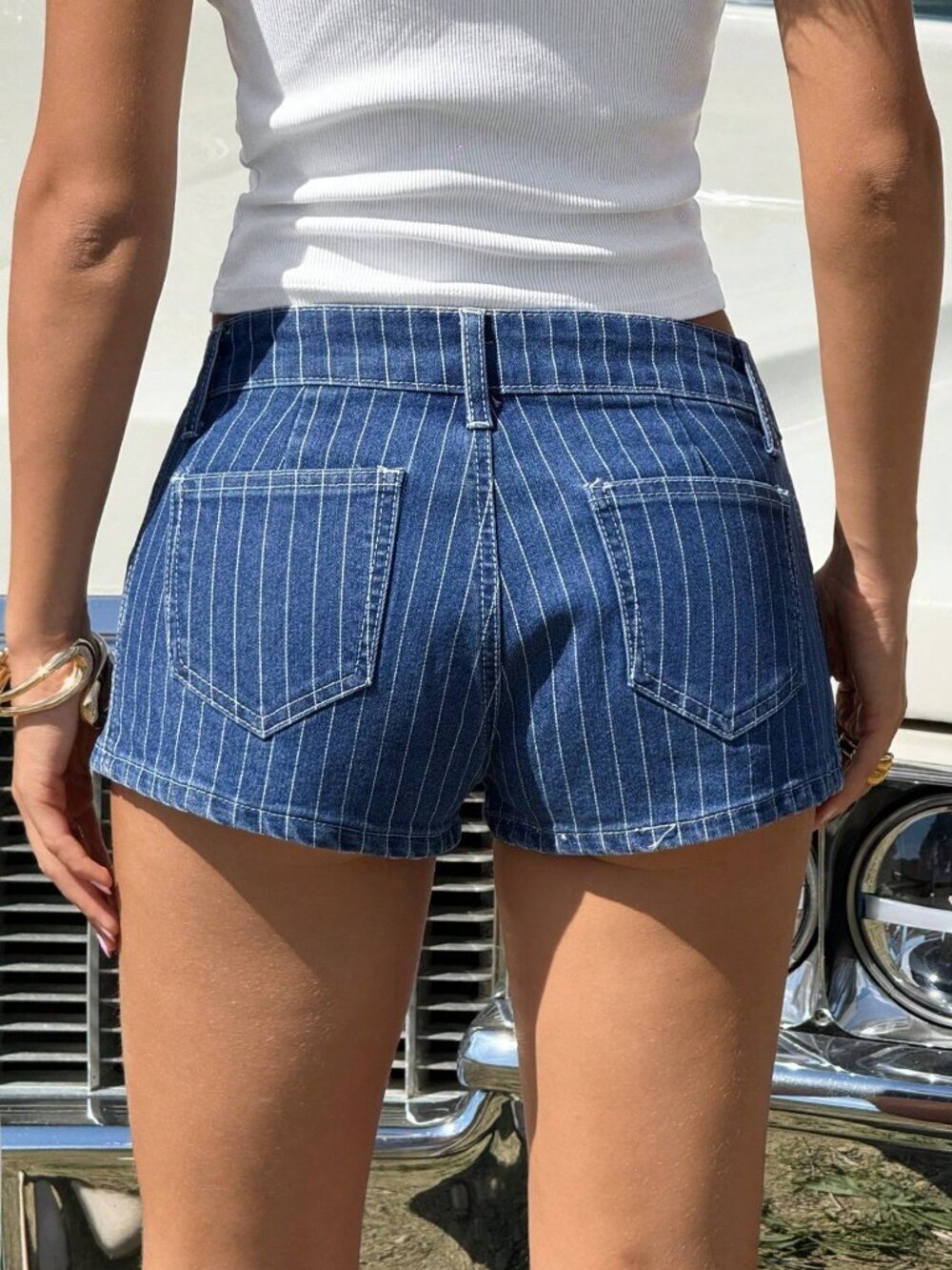 Blue Casual Women's Striped Low Waist Denim Shorts - Picture 2 of 5